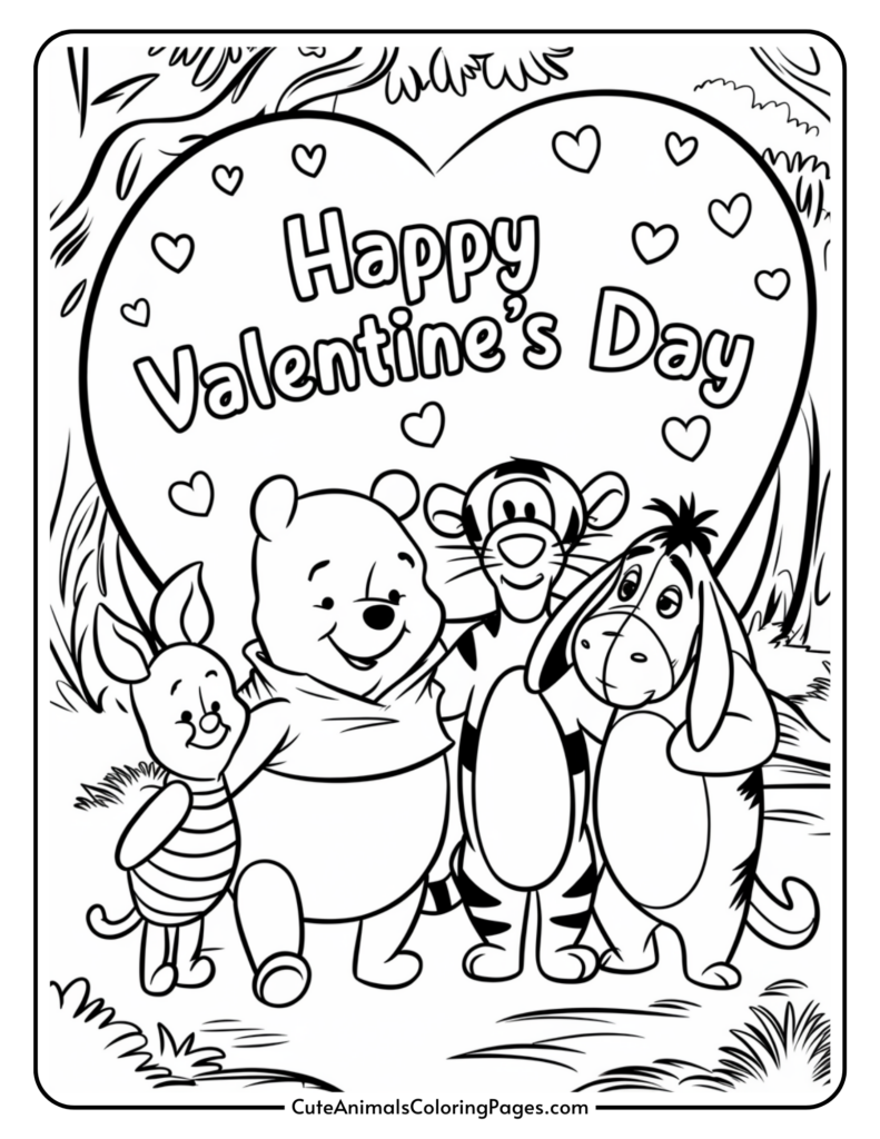 Characters standing in front of a large heart with "Happy Valentine's Day" text, surrounded by smaller hearts.