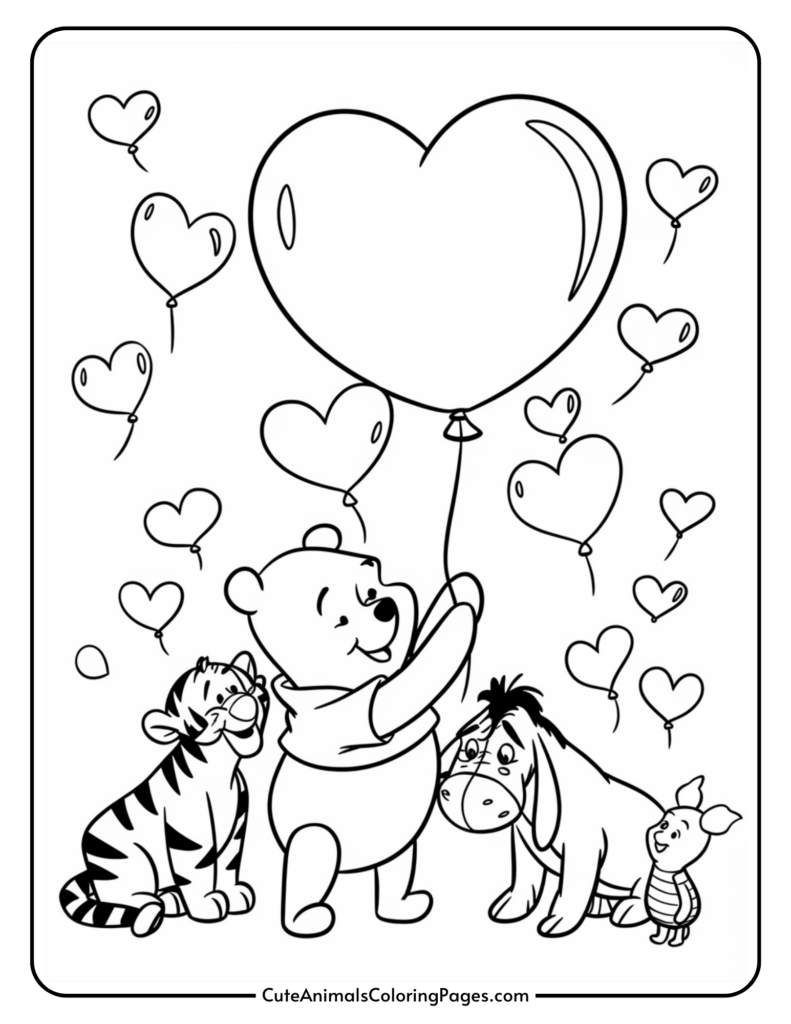 Cartoon animal characters holding heart-shaped balloons.