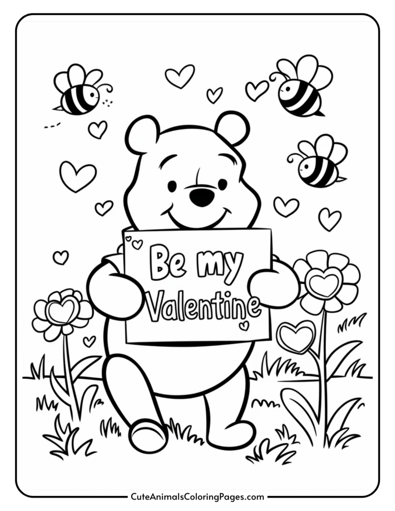 Cartoon bear holding a sign that says "Be my Valentine," surrounded by flowers, hearts, and bees.