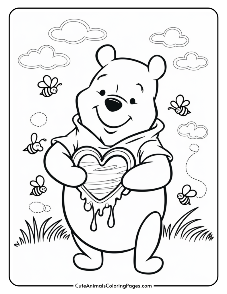 A cuddly bear holding a dripping heart-shaped honey pot, surrounded by bees and clouds.