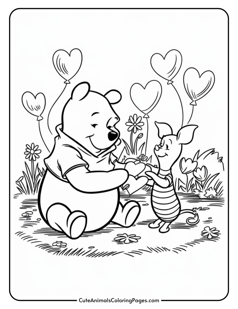 Cartoon bear sitting with a striped piglet holding hands, surrounded by flowers and heart-shaped balloons.