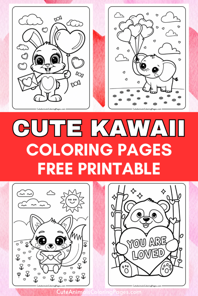 Cute Kawaii coloring pages featuring adorable animals holding hearts and balloons, with text indicating they are free printables.