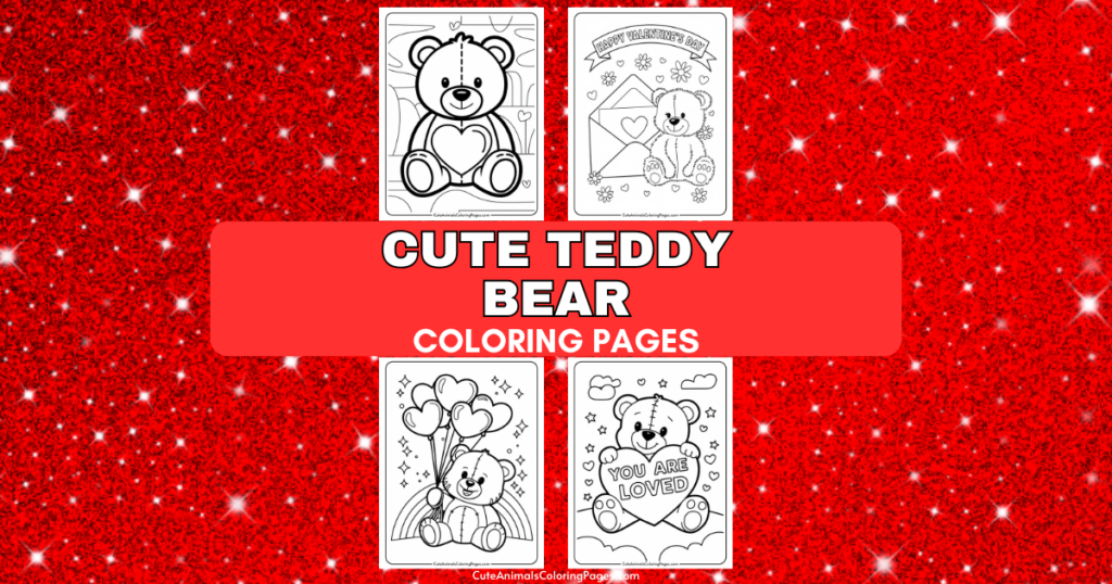 Cute teddy bear coloring pages with different designs, set against a red glittery background.