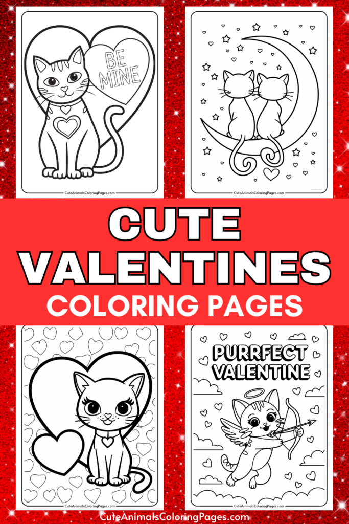 Cute Valentines coloring pages with cat illustrations and heart motifs against a red glittery background.