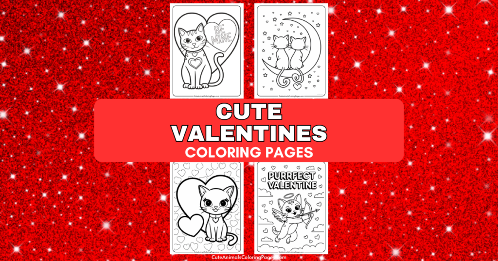 Cute Valentines coloring pages with cat illustrations on a red sparkly background.