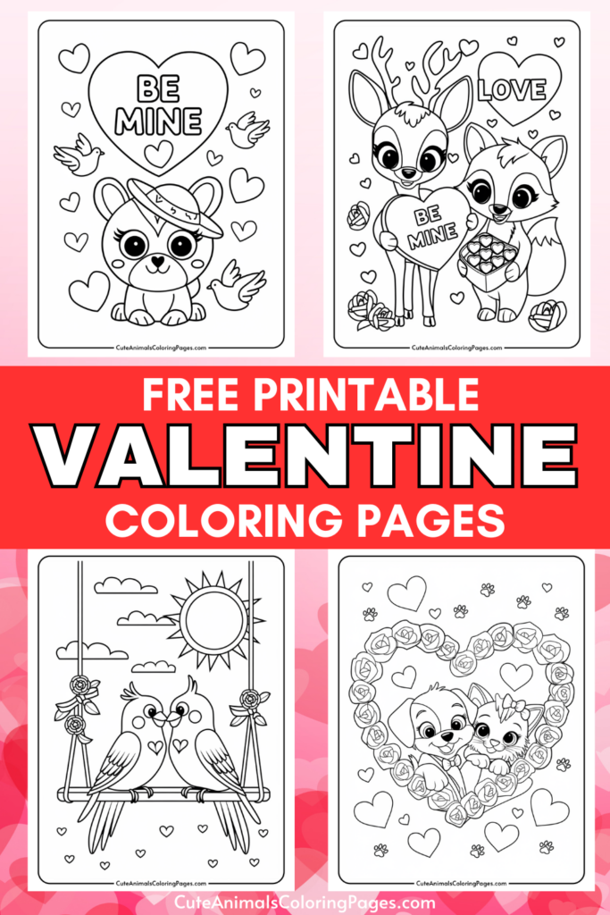 Valentine's Day themed coloring pages with animals, hearts, and love symbols, available for free download.