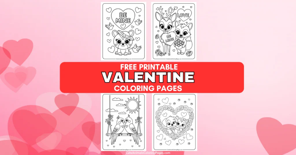 Free printable Valentine coloring pages with cute animal designs and heart motifs.