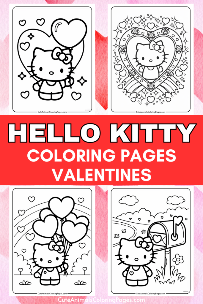 Hello Kitty Valentine's Day coloring pages featuring heart-themed designs.