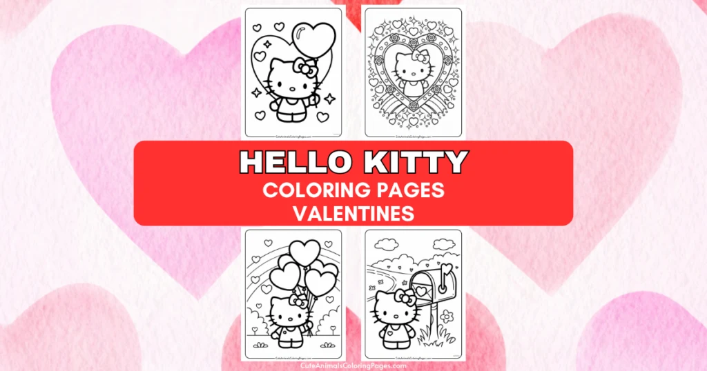 Hello Kitty Valentine's coloring pages with heart-themed designs.