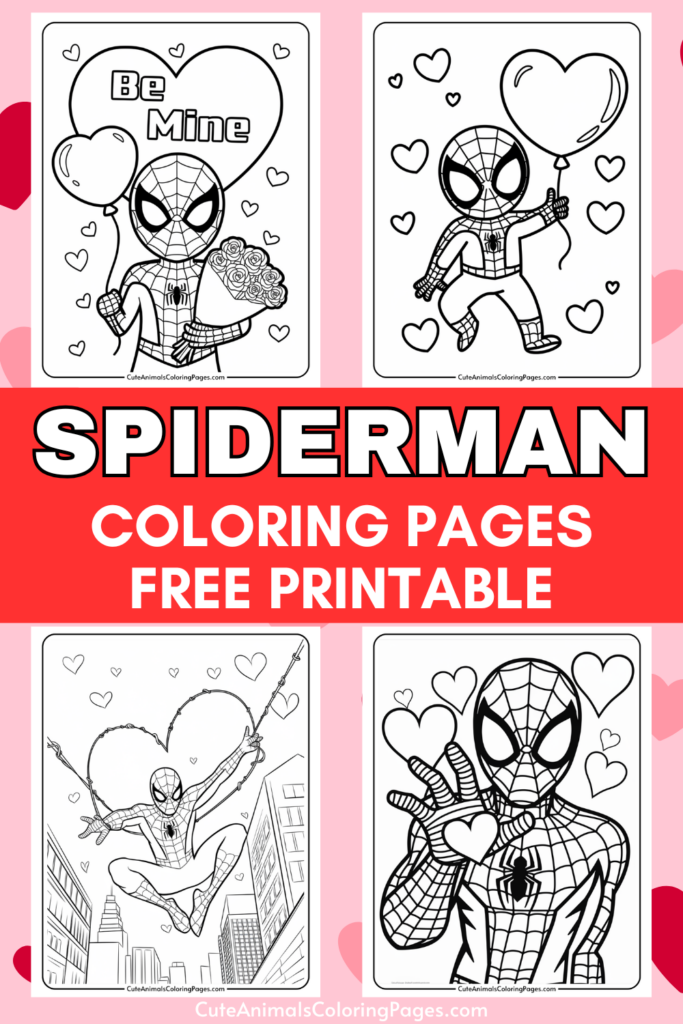 Spiderman-themed coloring pages for free printable with Valentine's Day designs, featuring hearts and Spider-Man characters.