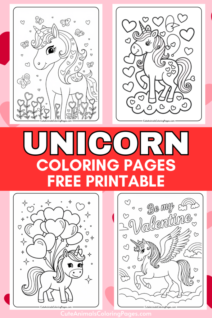 Unicorn coloring pages with hearts, butterflies, and Valentine-themed designs.