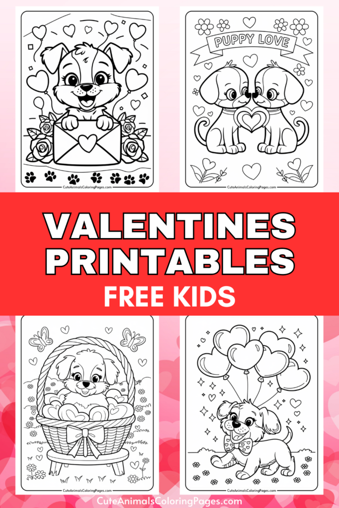 Valentine's themed printable coloring pages featuring cute puppies and hearts.