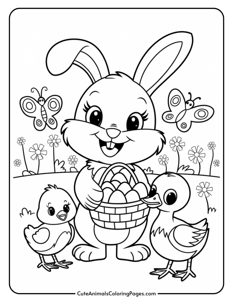 Cartoon bunny holding an egg basket with a chick and a duckling, surrounded by flowers and butterflies.