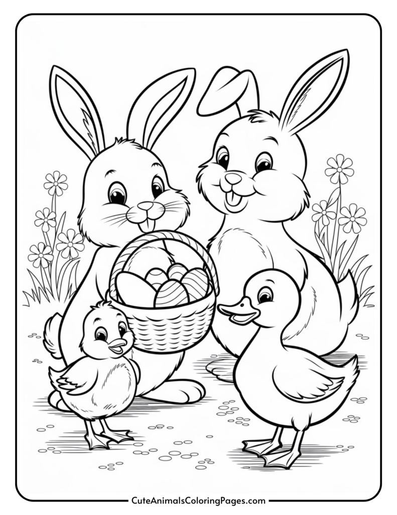 Cute cartoon bunnies holding an Easter egg basket with a duckling and chick nearby, surrounded by flowers.