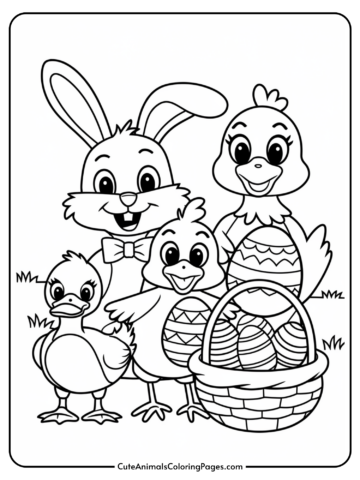 A coloring page featuring a smiling rabbit with a bow tie, a duck, and two chicks holding decorated Easter eggs, with a basket of eggs in the foreground.