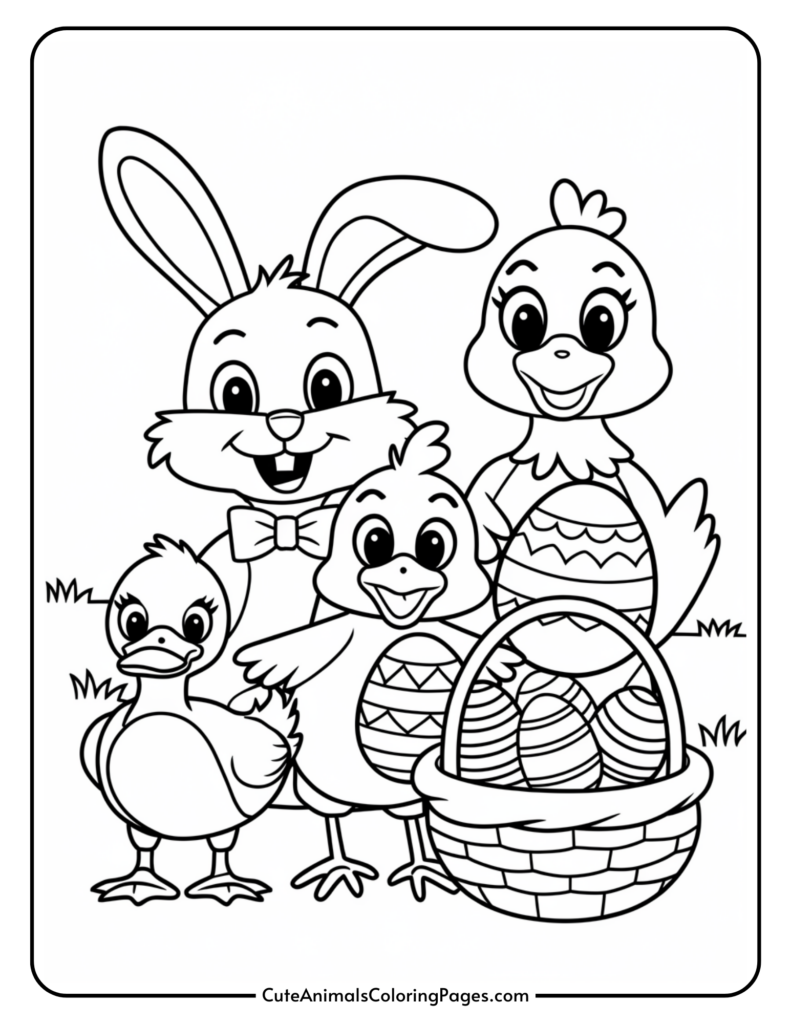 A coloring page featuring a smiling rabbit with a bow tie, a duck, and two chicks holding decorated Easter eggs, with a basket of eggs in the foreground.