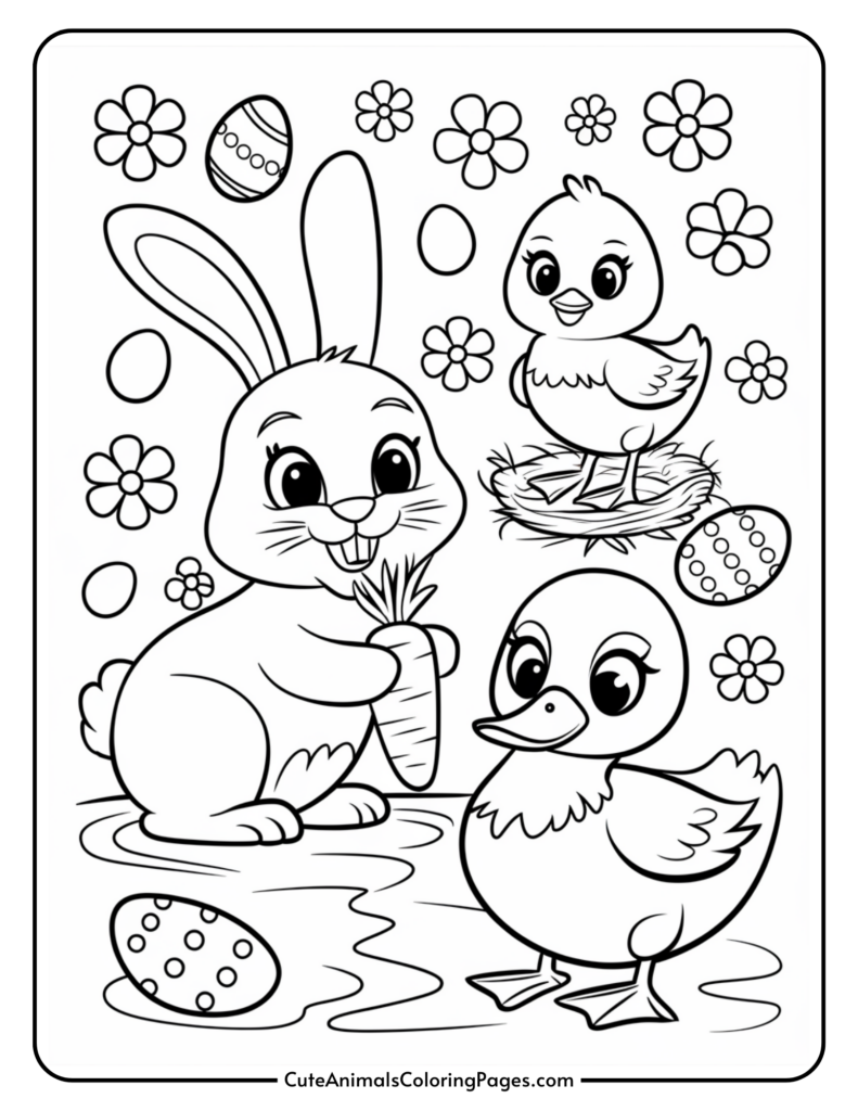 Cartoon bunny with carrot, surrounded by a duckling, chick in nest, flowers, and Easter eggs.