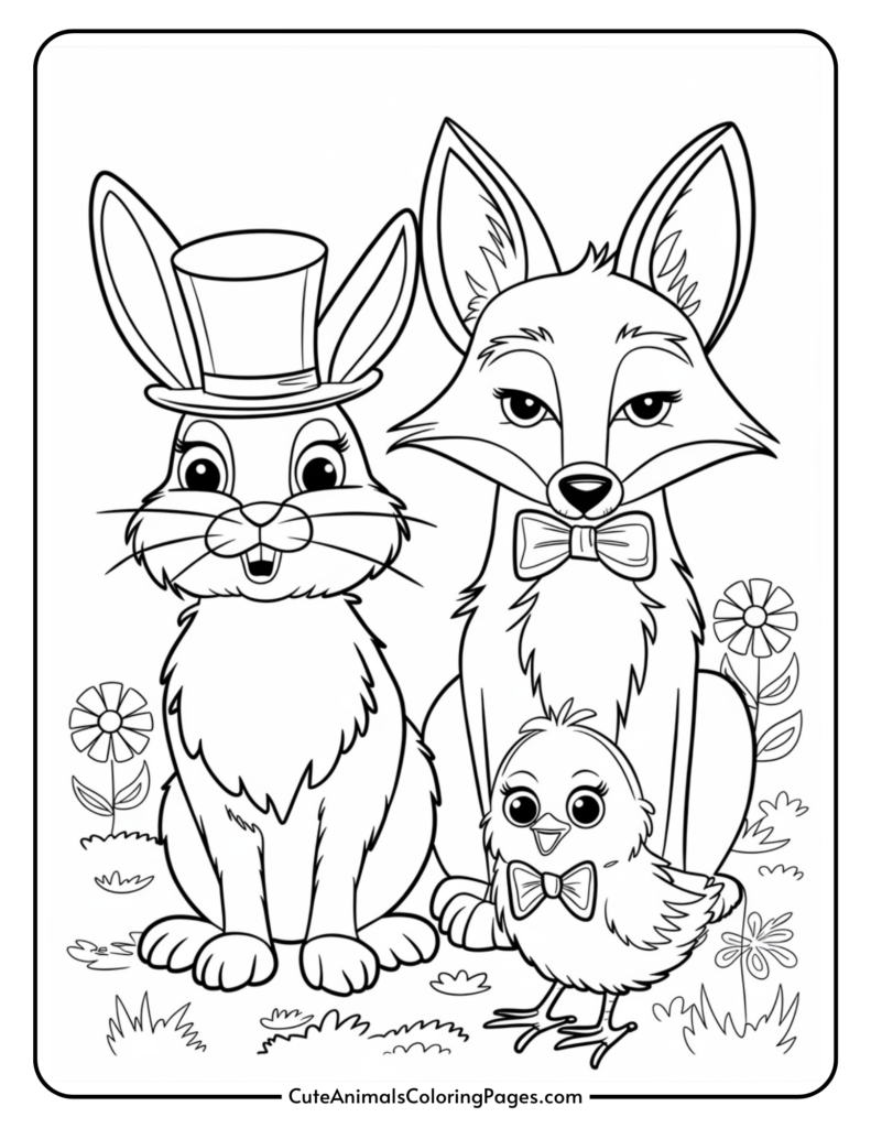 A coloring page featuring a rabbit wearing a top hat, a fox with a bow tie, and a chick with a bow tie, surrounded by flowers.