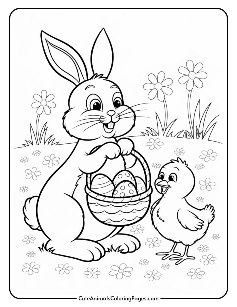 A cartoon bunny holding a basket of Easter eggs, sitting in a field with flowers, next to a chick.