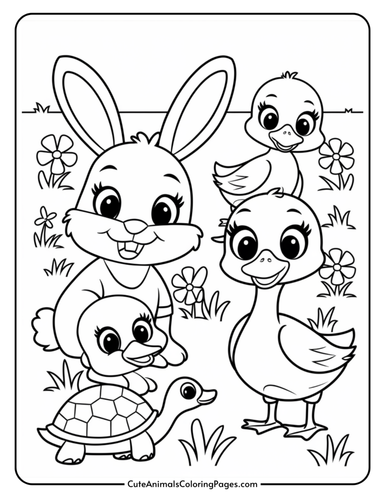 Cartoon animals including a rabbit, two ducks, and a turtle standing together in a grassy field with flowers.