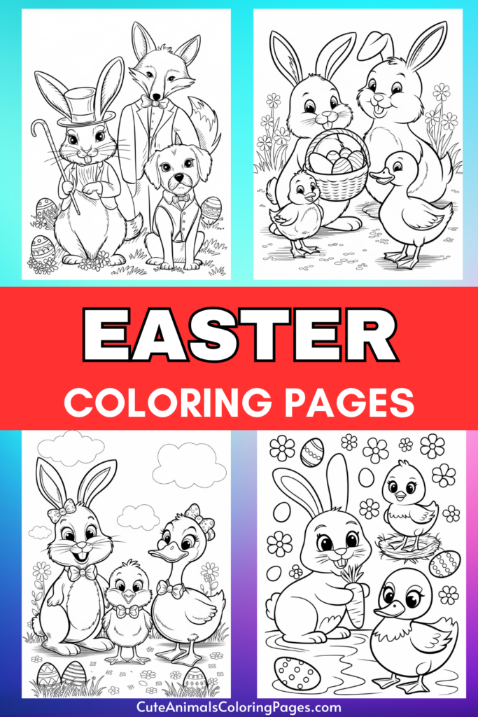 Easter coloring pages featuring cartoon animals such as rabbits, chicks, and ducks with decorative Easter eggs.