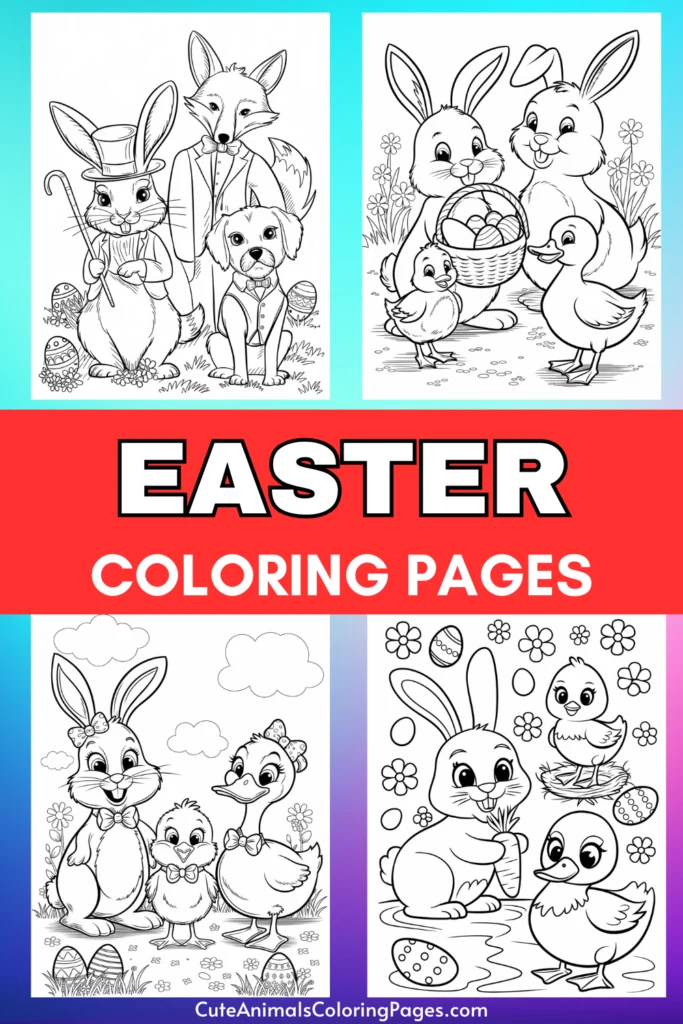 Easter coloring pages featuring cartoon animals such as rabbits, chicks, and ducks with decorative Easter eggs.