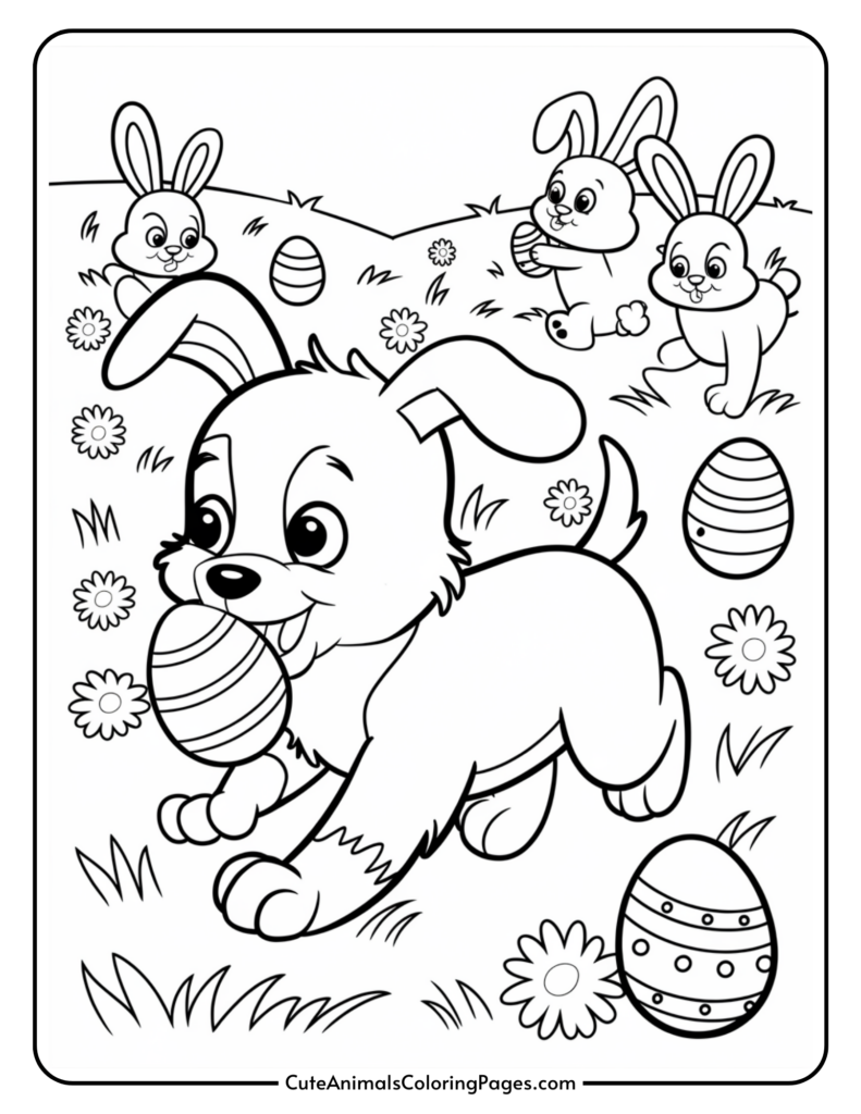 A coloring page featuring a playful dog holding an Easter egg in its mouth, surrounded by flowers and three hopping bunnies with eggs on a grassy field.