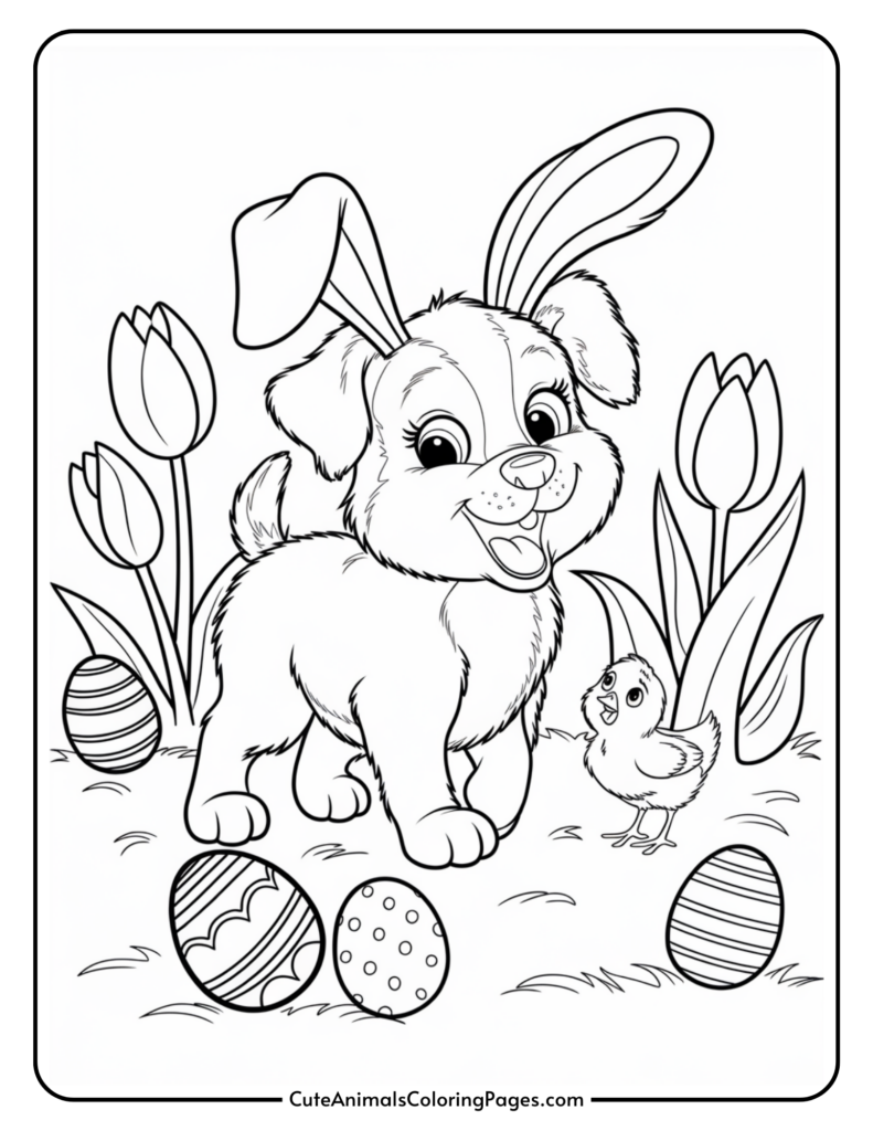 A coloring page featuring a cheerful puppy wearing rabbit ears, surrounded by decorated Easter eggs and tulips, alongside a small chick.