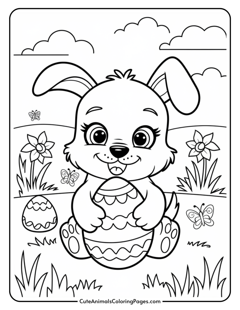 A cute cartoon bunny holding an Easter egg with flowers and butterflies in the background.