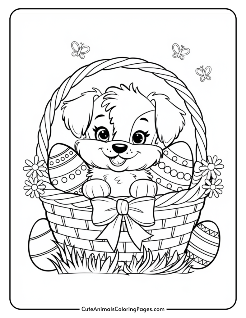 A cute puppy sitting in a basket with Easter eggs and flowers, surrounded by butterflies.