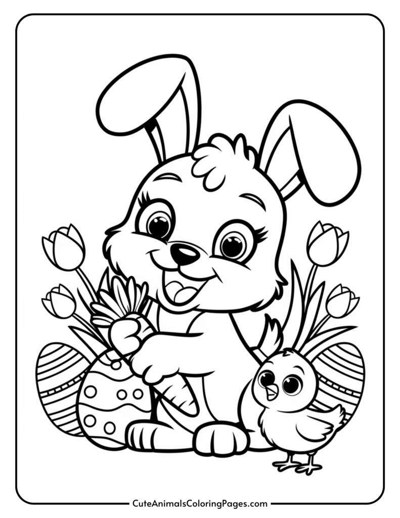 Cartoon bunny holding a carrot next to a chick, surrounded by decorative eggs and tulips.