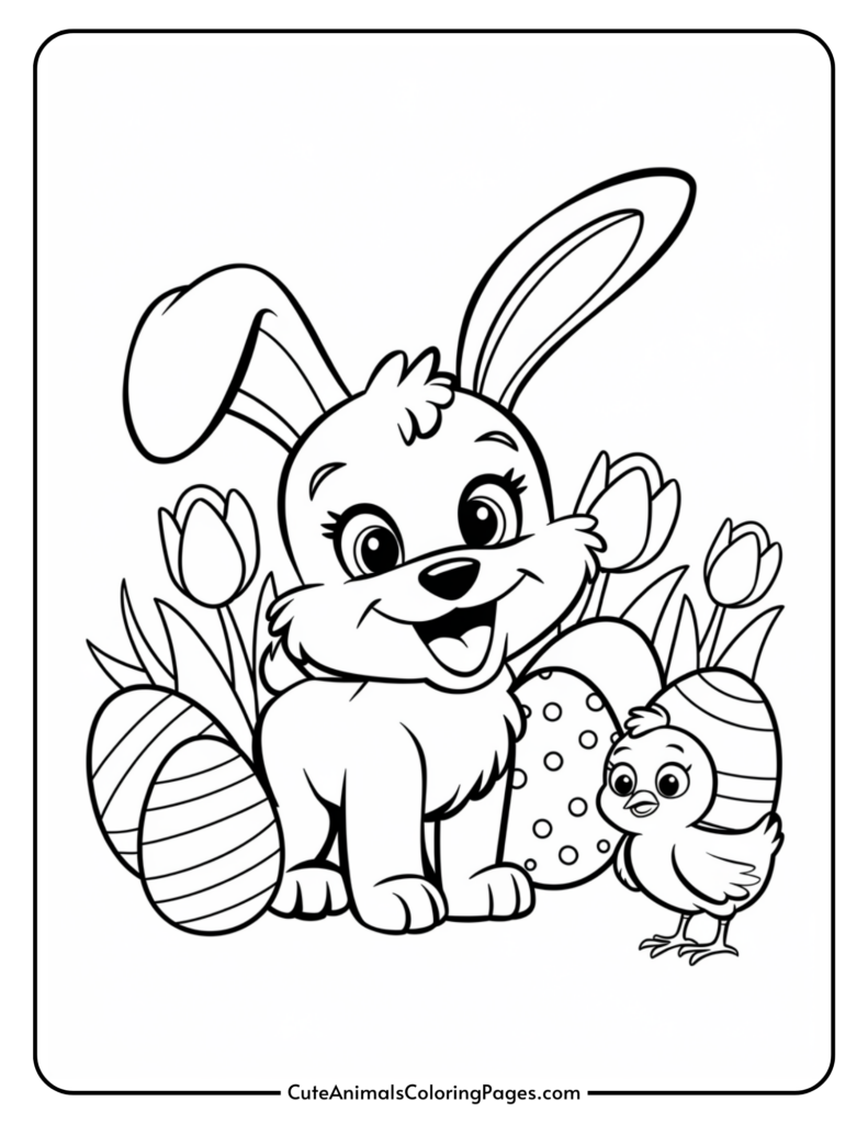 Cartoon bunny and chick with decorated Easter eggs and tulips.