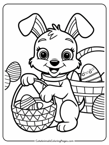 Cute cartoon bunny holding a basket of Easter eggs, surrounded by more eggs.