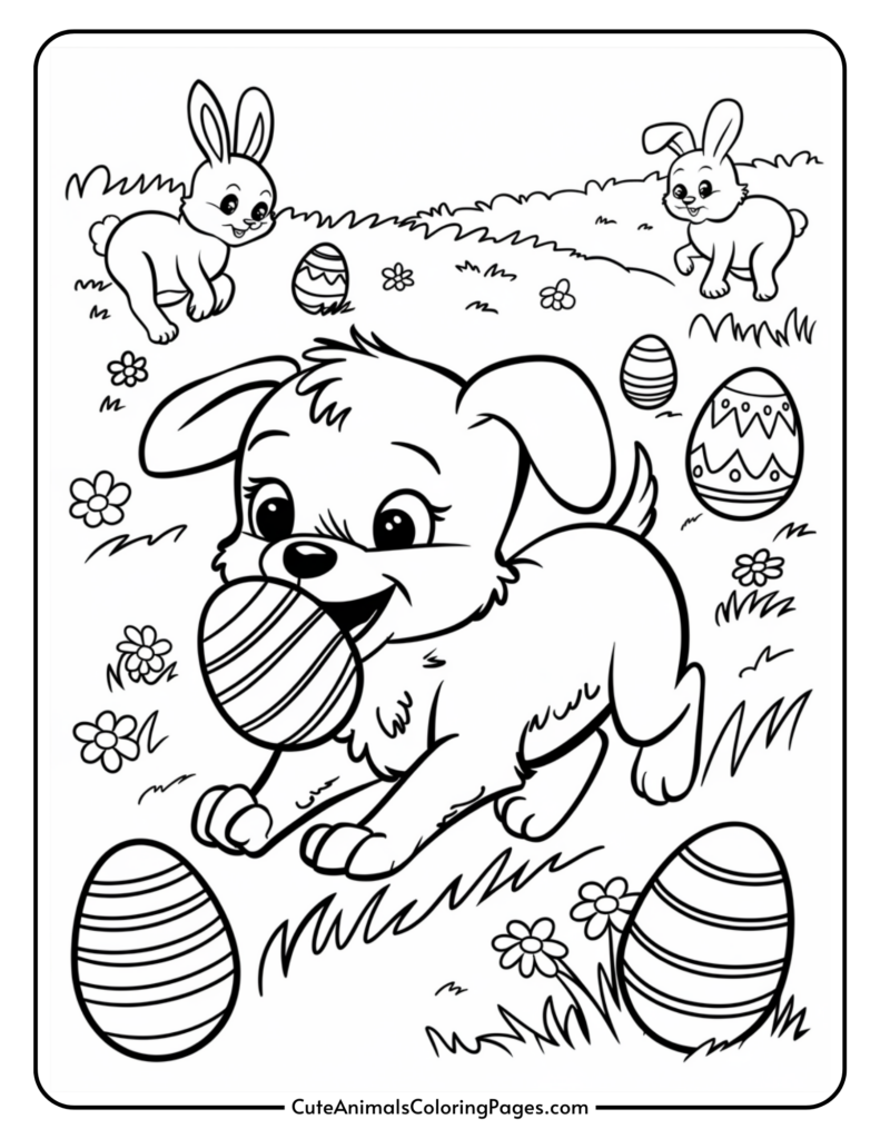 A playful puppy and two rabbits in a field with decorated Easter eggs.