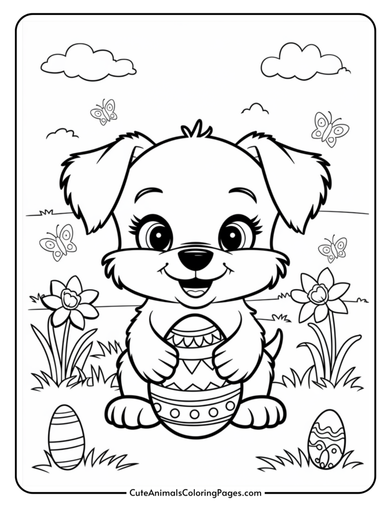 Cute puppy holding an Easter egg with flowers, decorated eggs, and butterflies in the background.