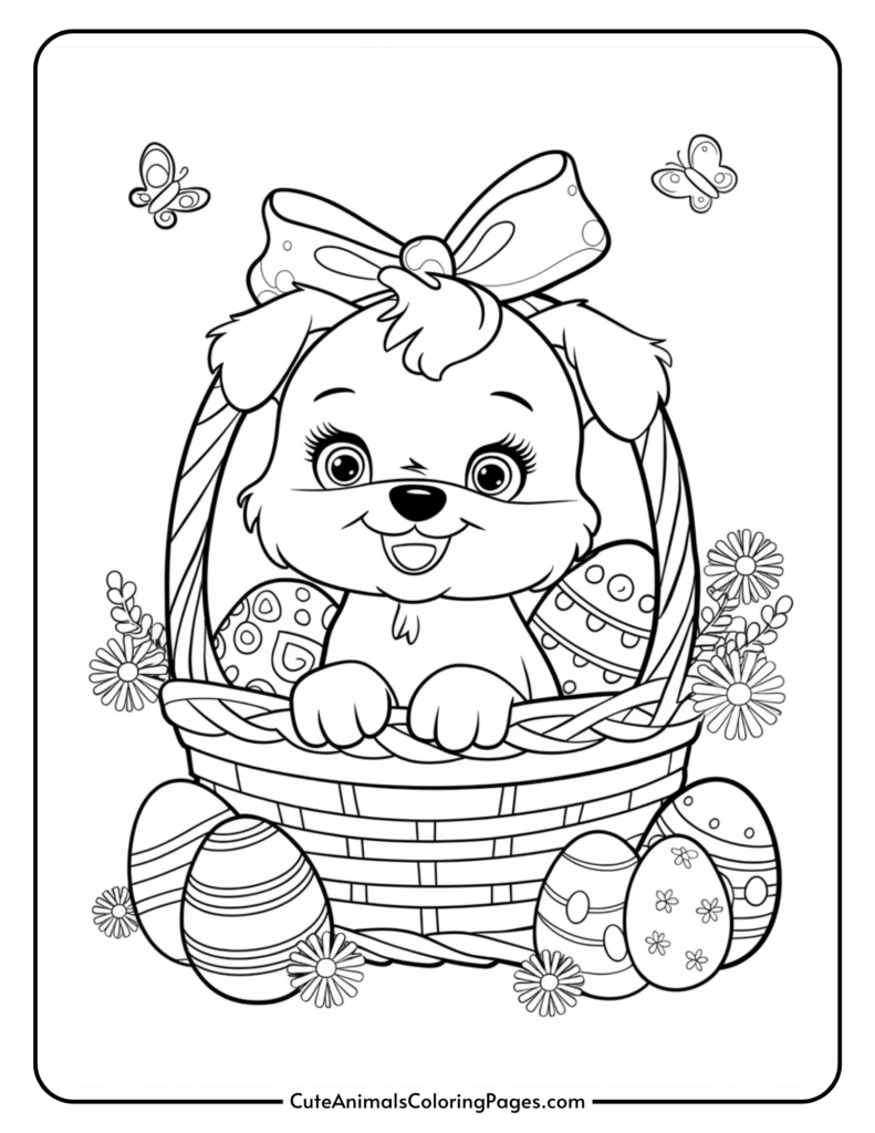 A cartoon puppy with a bow in a basket surrounded by decorated Easter eggs, flowers, and butterflies.