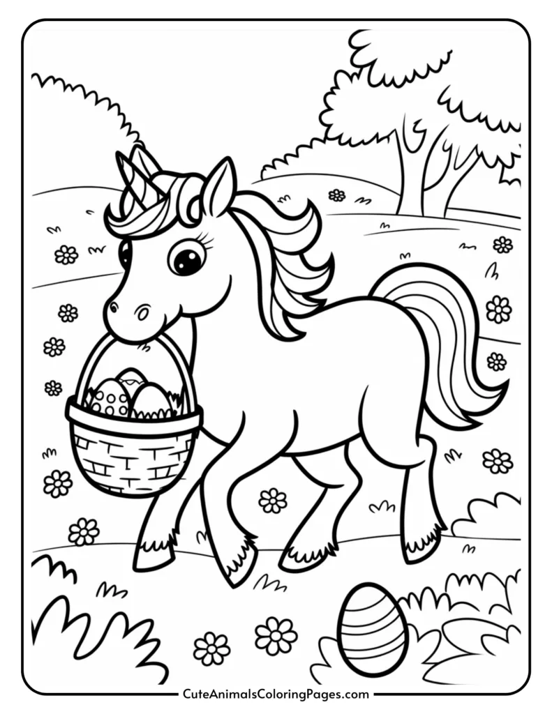 A unicorn carrying a basket with decorated eggs in a grassy field with flowers and trees.