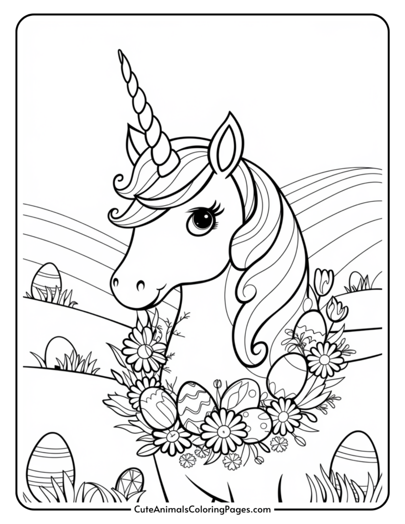 A coloring page of a unicorn adorned with a flower and Easter egg wreath, set against a backdrop of gently rolling hills.