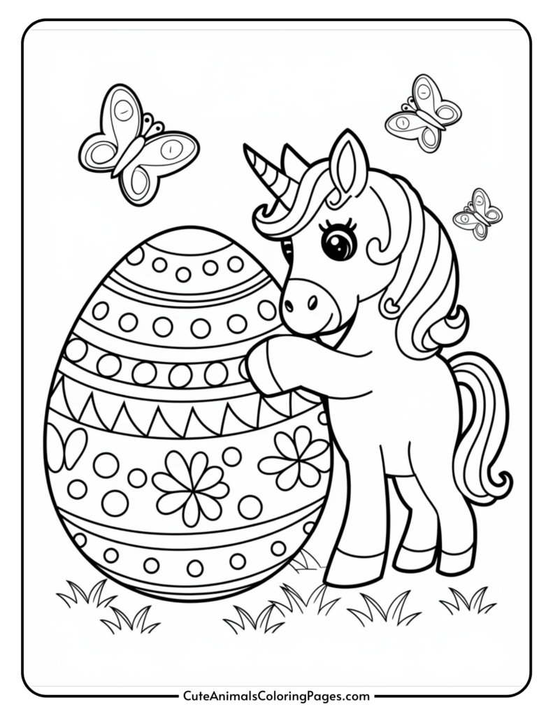 A cute unicorn beside a large decorated Easter egg with butterflies flying around.