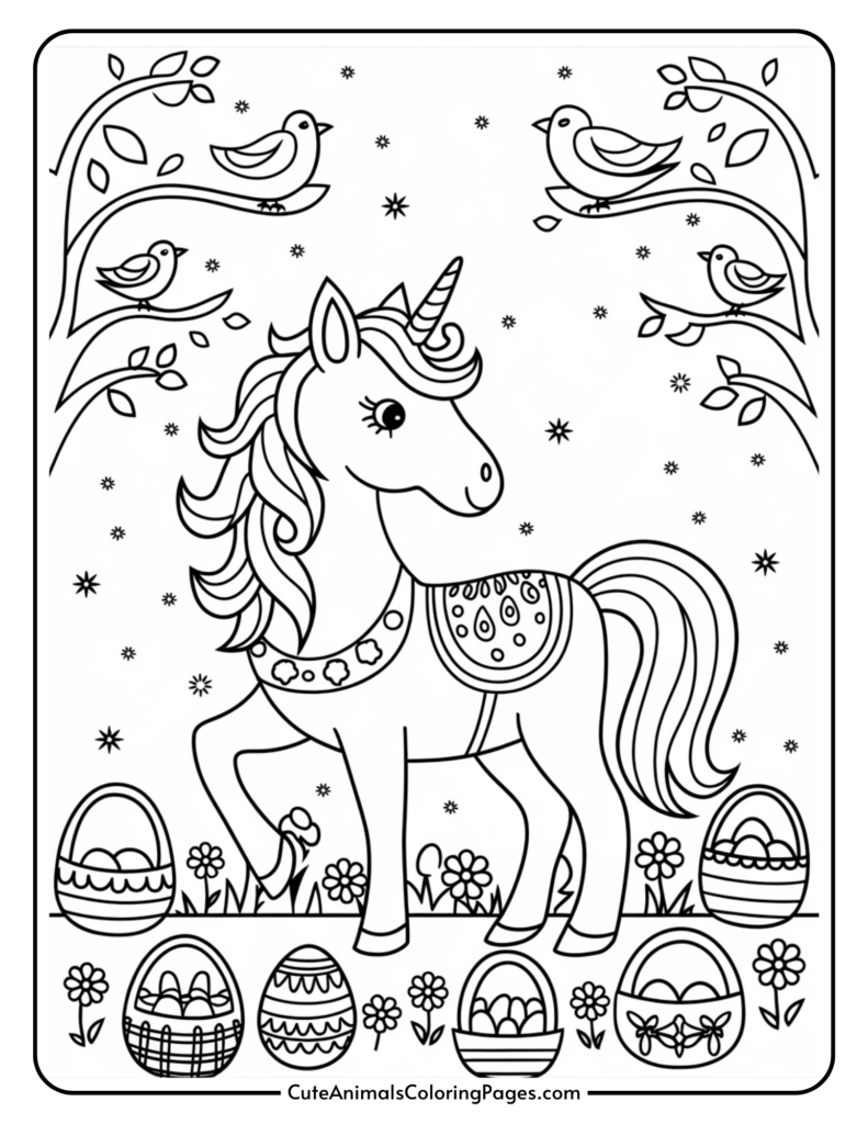 A coloring page featuring a unicorn surrounded by decorated eggs, flowers, and birds on tree branches.