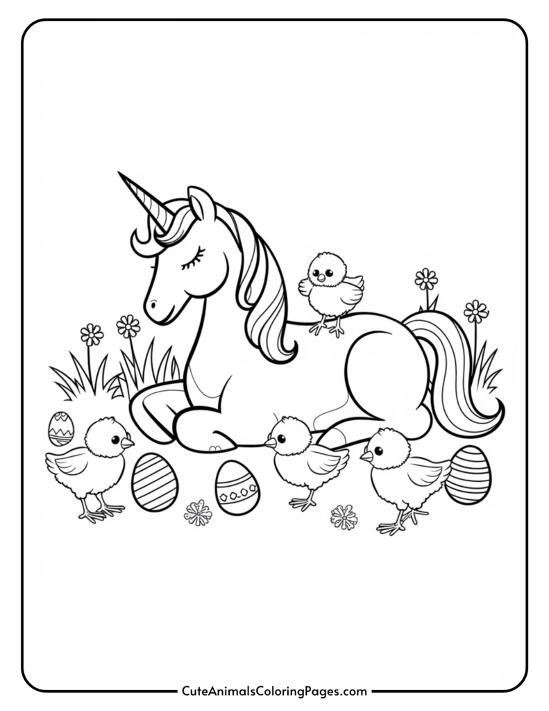 A coloring page featuring a unicorn lying on a field surrounded by three chicks, flowers, and decorated eggs.