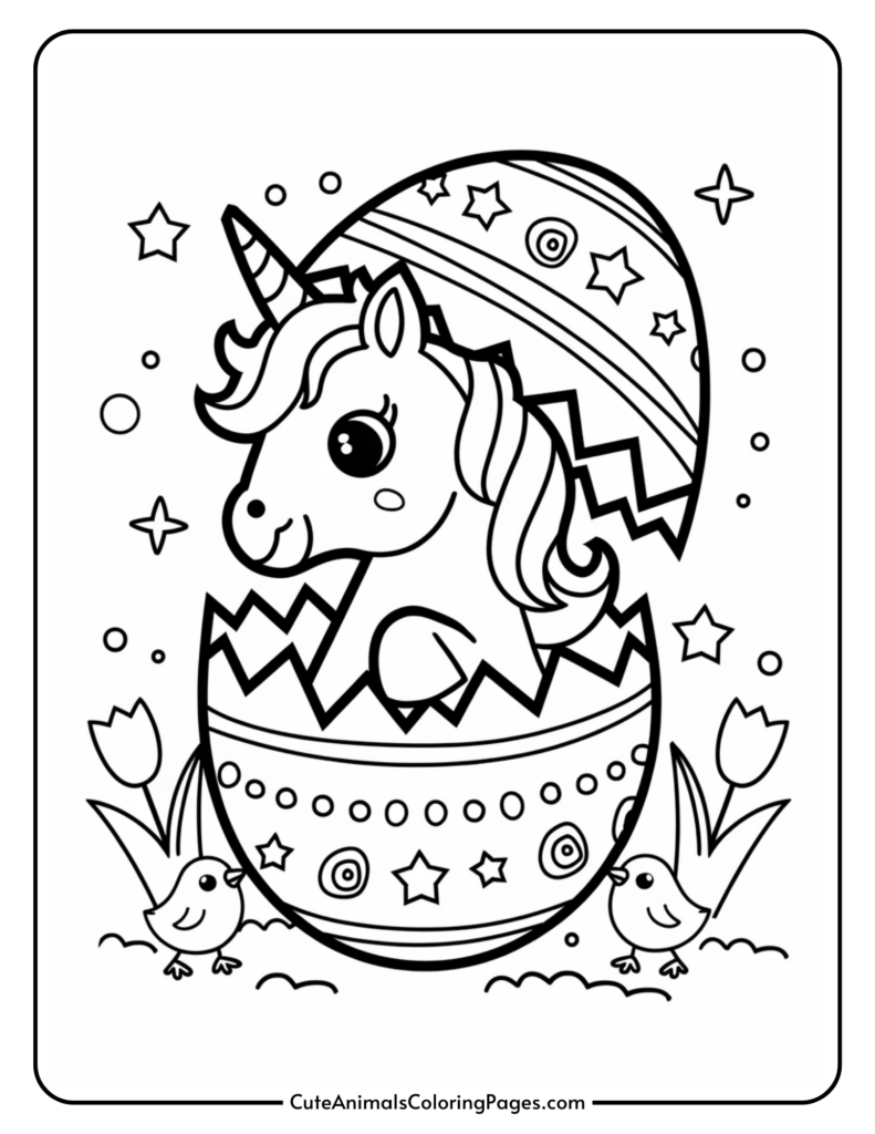 A cartoon unicorn hatching from a decorated egg with stars and zigzag patterns, surrounded by flowers and birds.