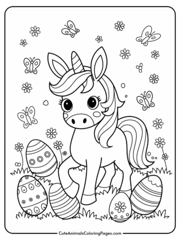 A coloring page featuring a cute unicorn surrounded by decorated Easter eggs, flowers, and butterflies.