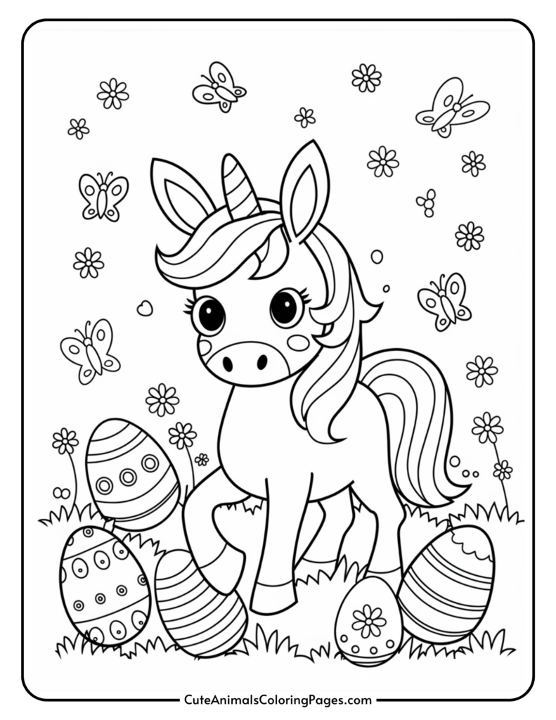 A coloring page featuring a cute unicorn surrounded by decorated Easter eggs, flowers, and butterflies.