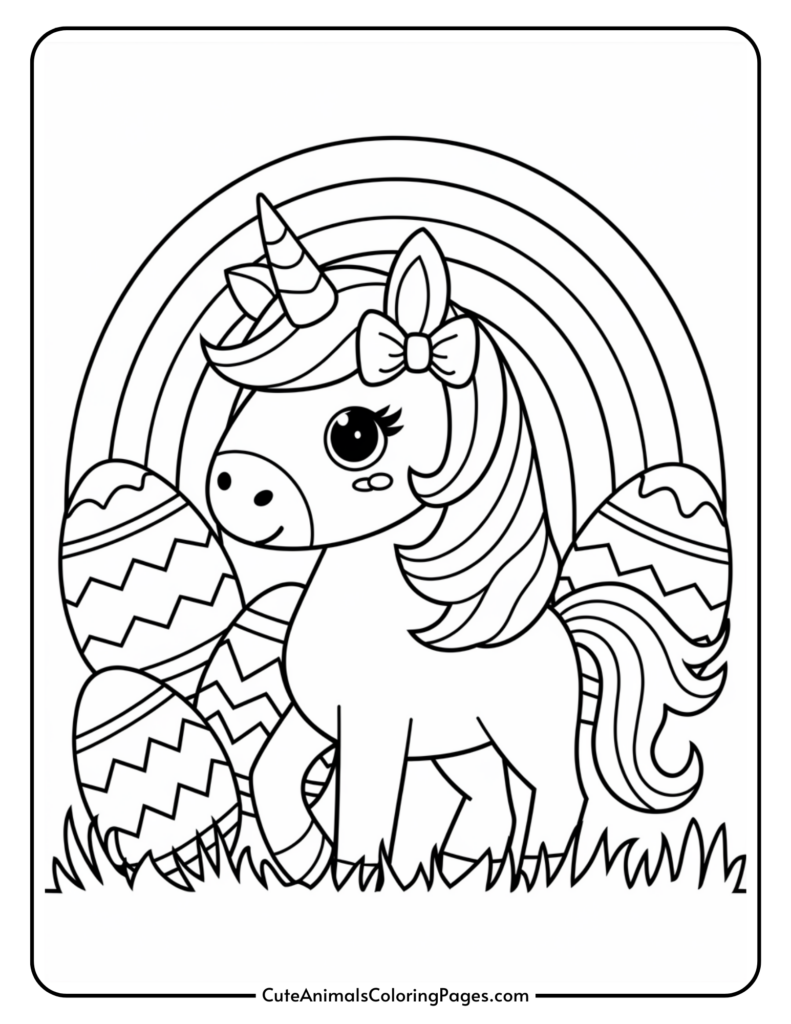 Coloring page of a unicorn with a bow, standing in grass with decorated eggs and a rainbow in the background.