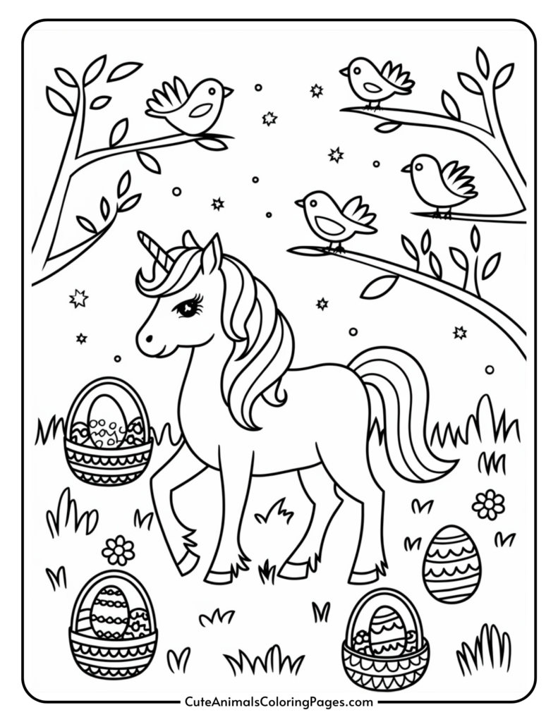 A coloring page featuring a unicorn with long flowing mane, surrounded by birds on tree branches, decorated Easter eggs in baskets, grass, and small flowers.