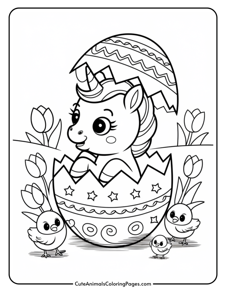 A unicorn emerging from a decorated egg, surrounded by tulips and three small birds.