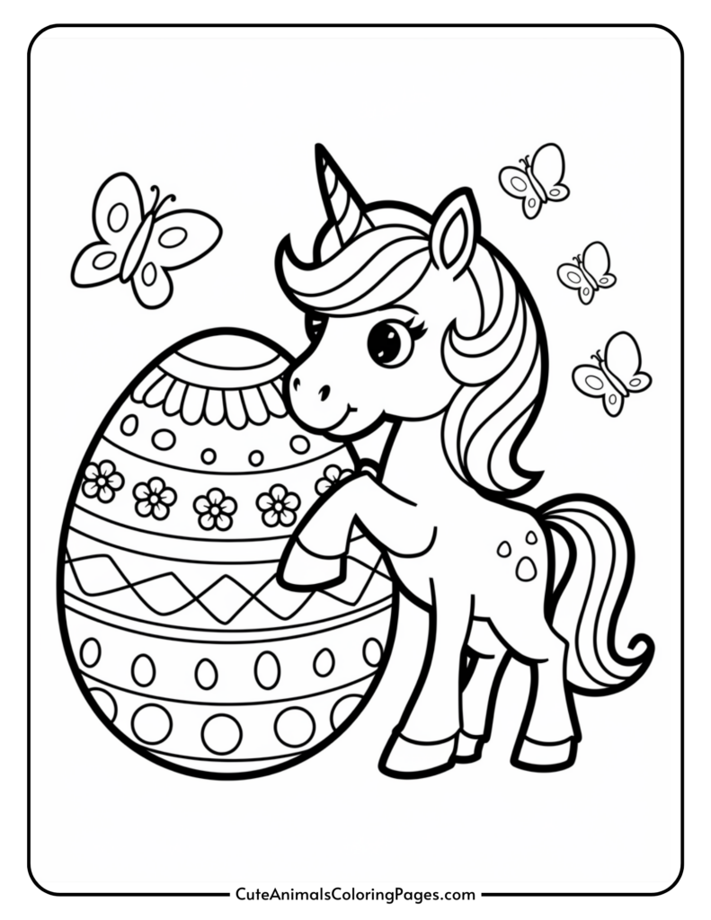 A coloring page depicting a cute unicorn with a decorated egg, surrounded by butterflies.