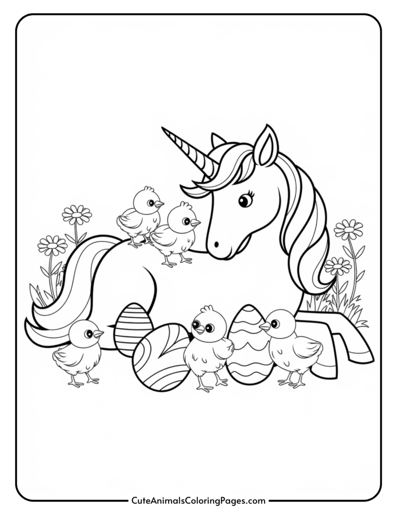 A coloring page featuring a unicorn lying in a field with five chicks and several decorated Easter eggs, surrounded by flowers.