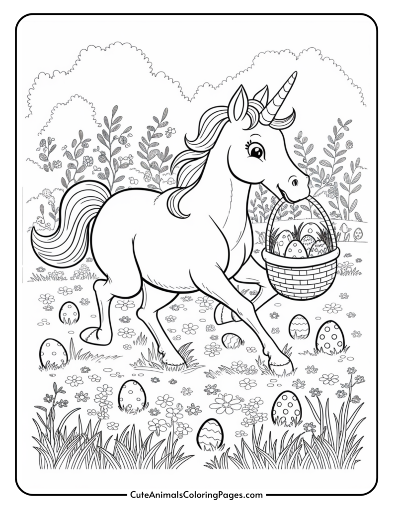 A unicorn carrying a basket filled with decorated eggs, surrounded by grass and flowers in a garden.